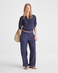 Textured Short-Sleeve Cardigan in 100% Cotton PETROL NAVY