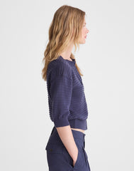Textured Short-Sleeve Cardigan in 100% Cotton PETROL NAVY