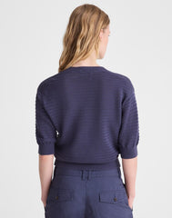 Textured Short-Sleeve Cardigan in 100% Cotton PETROL NAVY
