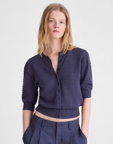 Textured Short-Sleeve Cardigan in 100% Cotton PETROL NAVY