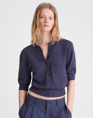 Textured Short-Sleeve Cardigan in 100% Cotton PETROL NAVY