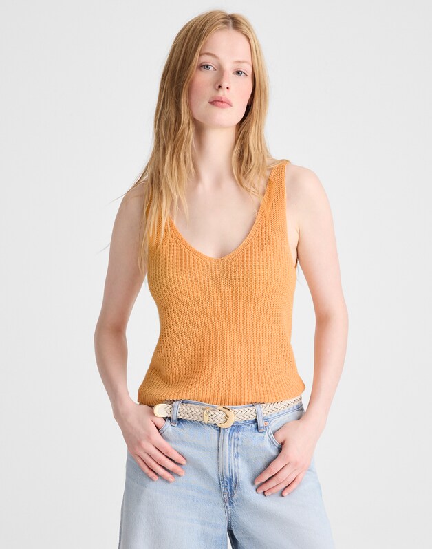 V-Neck Sweater Tank in 100% Linen APRICOT BLUSH