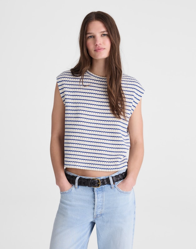 Textured-Knit Boxy Muscle Tee TUCK STITCH STRIPE