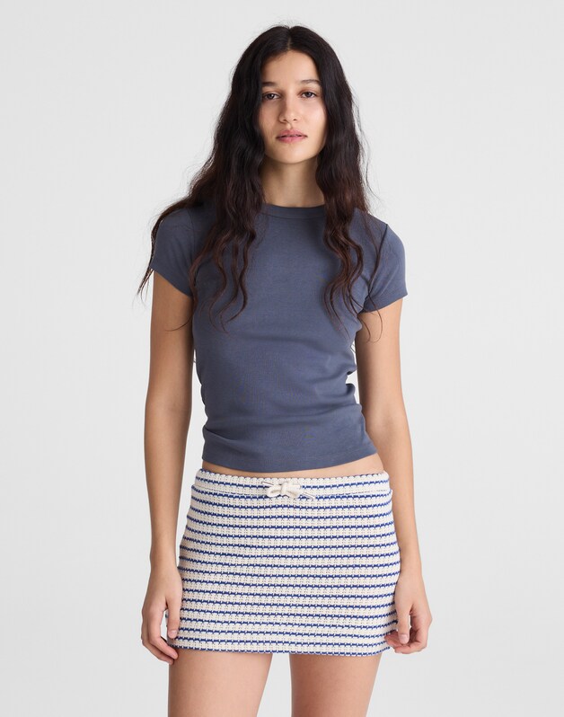 Textured-Knit Drawstring Mini Skirt TUCK STITCH STRIPE