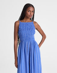 Smocked High-Neck Midi Dress in Plaid RETRO BLUE