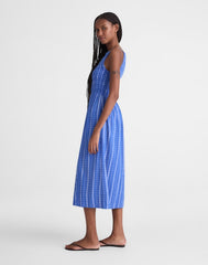 Smocked High-Neck Midi Dress in Plaid RETRO BLUE
