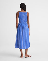 Smocked High-Neck Midi Dress in Plaid RETRO BLUE