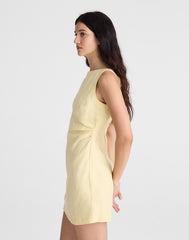 Boatneck Shirred Mini Dress in 100% Linen CANDLELIGHT