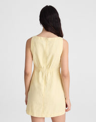 Boatneck Shirred Mini Dress in 100% Linen CANDLELIGHT