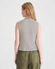 Textured-Knit Button-Front Shell Top IVORY AND BLACK TUCK STITCH