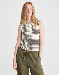 Textured-Knit Button-Front Shell Top IVORY AND BLACK TUCK STITCH
