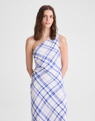Ruched One-Shoulder Midi Dress OVERSIZED BLUE WHITE PLAID