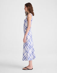 Ruched One-Shoulder Midi Dress OVERSIZED BLUE WHITE PLAID