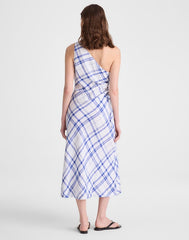 Ruched One-Shoulder Midi Dress OVERSIZED BLUE WHITE PLAID