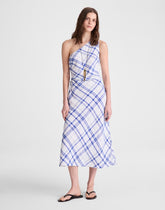 Ruched One-Shoulder Midi Dress OVERSIZED BLUE WHITE PLAID