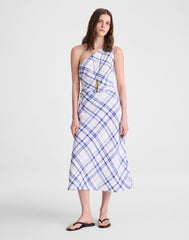 Ruched One-Shoulder Midi Dress OVERSIZED BLUE WHITE PLAID