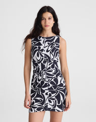 Shirred Boatneck Mini Dress in 100% Linen WHITE