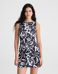 Shirred Boatneck Mini Dress in 100% Linen WHITE