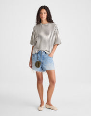The Boxy Crop Tee in Textured Knit IVORY AND BLACK TUCK STITCH