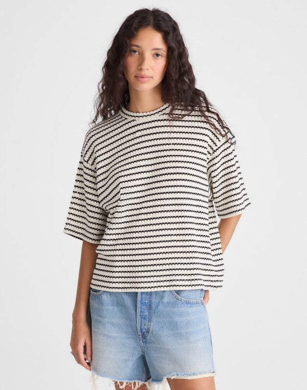 The Boxy Crop Tee in Textured Knit IVORY AND BLACK TUCK STITCH