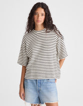 The Boxy Crop Tee in Textured Knit IVORY AND BLACK TUCK STITCH