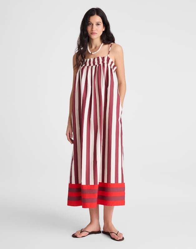 Ruffle A-Line Midi Dress in Stripe DUSTY MERLOT