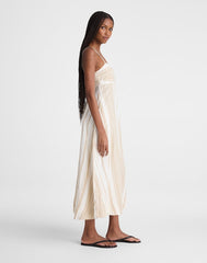 Empire-Waist Midi Dress in 100% Linen KHAKI WHITE STRIPE