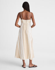 Empire-Waist Midi Dress in 100% Linen KHAKI WHITE STRIPE
