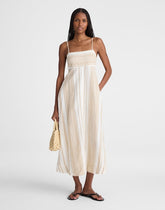 Empire-Waist Midi Dress in 100% Linen KHAKI WHITE STRIPE