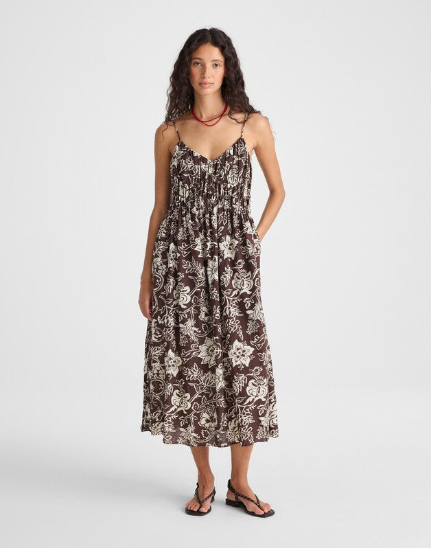 Ruched V-Neck Sleeveless Maxi Dress DARK BROWN