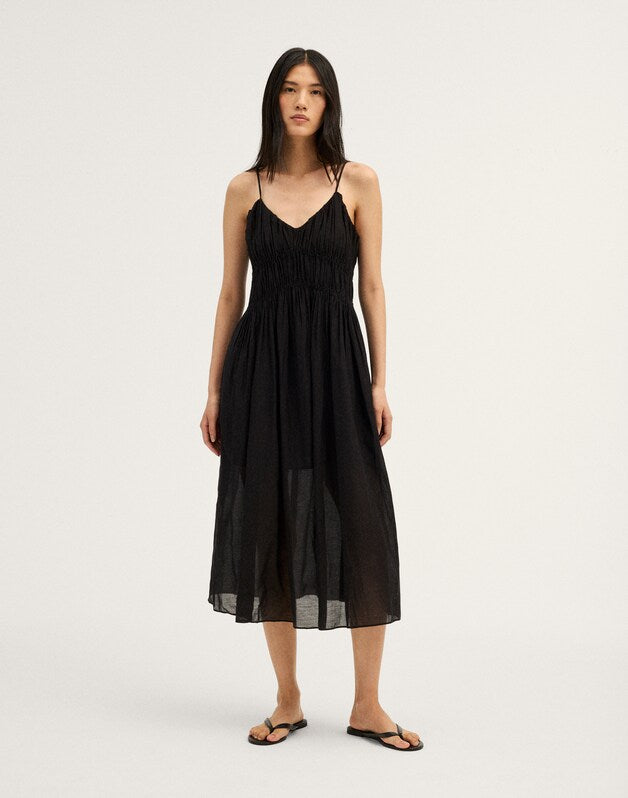 Ruched V-Neck Sleeveless Maxi Dress JET BLACK