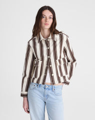 Cropped Button-Front Jacket DARK BROWN STRIPE