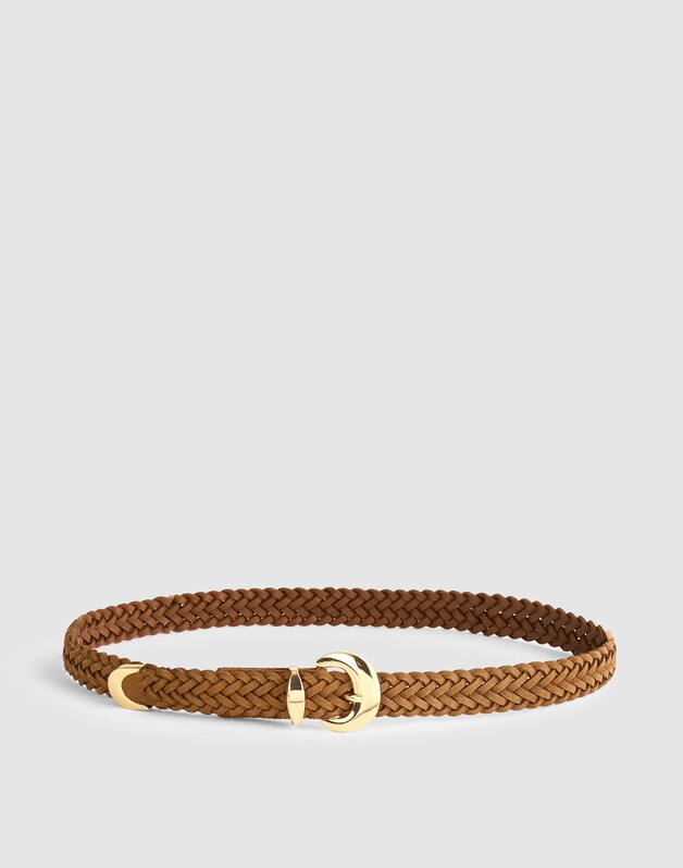 Domed-Buckle Belt in Woven Suede AGED COGNAC