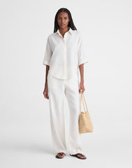 Relaxed Pleat-Sleeve Button-Up Shirt in Cotton-Linen Blend IVORY LINEN
