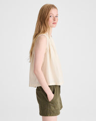 Shirred Button-Up Sleeveless Blouse NATURAL SEERSUCKER