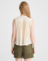 Shirred Button-Up Sleeveless Blouse NATURAL SEERSUCKER