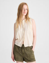 Shirred Button-Up Sleeveless Blouse NATURAL SEERSUCKER