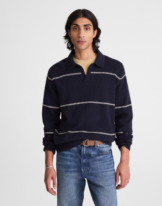 Johnny-Collar Sweater Polo in Textured Cotton DARK NAVY