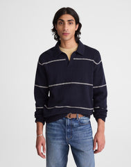 Johnny-Collar Sweater Polo in Textured Cotton DARK NAVY