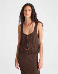 Pointelle-Stitch Tie-Front Sweater Tank in 100% Cotton DARK BROWN