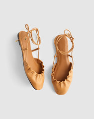 The Greta Ruched Ankle-Tie Flat in Leather GOLDEN TAN