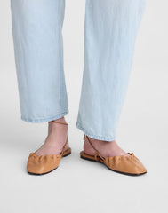 The Greta Ruched Ankle-Tie Flat in Leather GOLDEN TAN