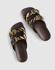 The Cambrea Double-Buckle Sandal in Zebra-Print Calf Hair ESPRESSO BEAN MULTI
