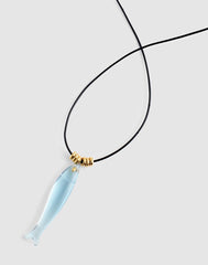 Fish Charm Leather Cord Necklace FROSTED SKY