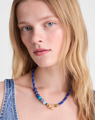 Semiprecious Beaded Carabiner Paracord Necklace RETRO BLUE