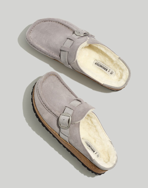 Birkenstock&reg; Suede Buckley Clogs in Shearling STONE COIN/ NATURAL