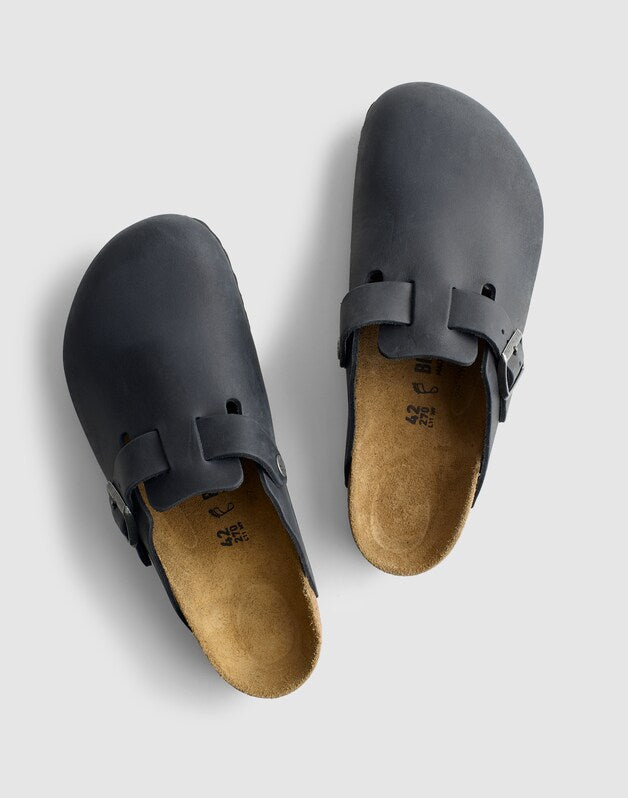 Birkenstock&reg; Boston Textured Leather Soft Footbed Clogs BLACK