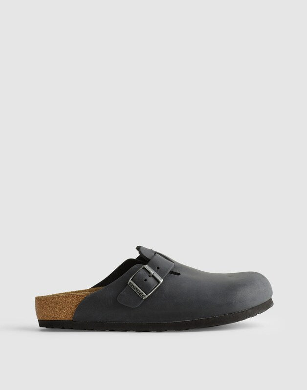 Birkenstock&reg; Boston Textured Leather Soft Footbed Clogs BLACK