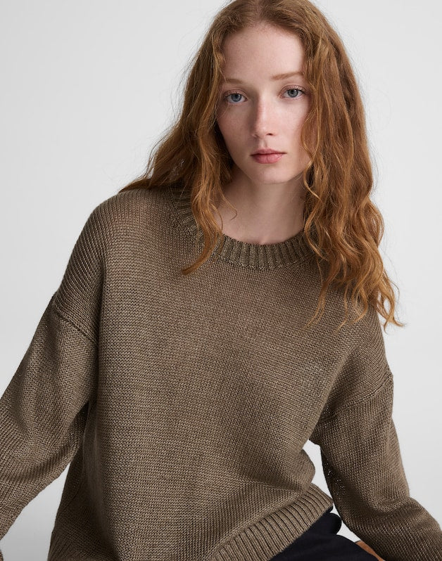 Linen Drop-Shoulder Sweater OLIVE