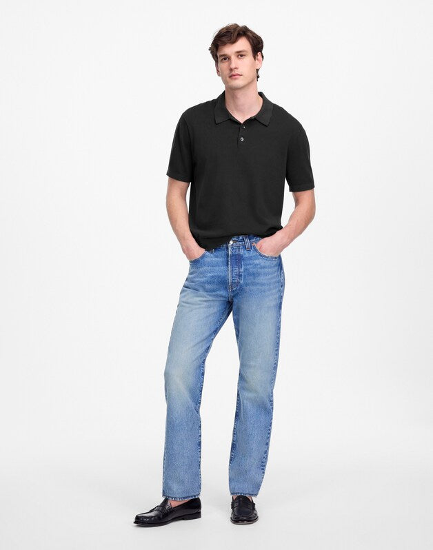 Three-Button Sweater Polo in Garment Dye BLACK COAL